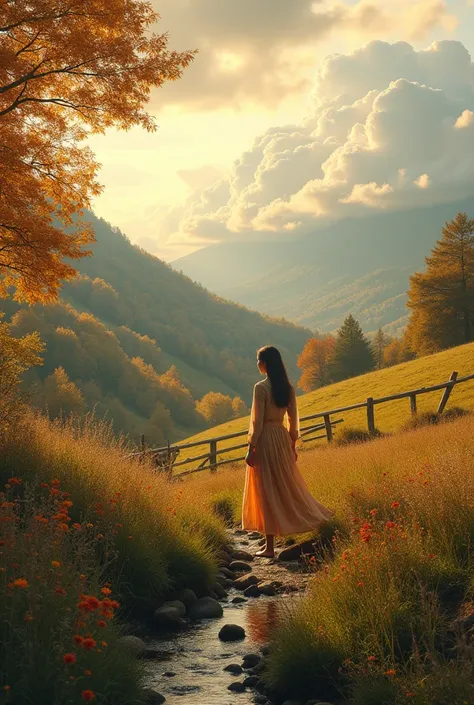 a photo，warm color，Canon camera style，Early autumn in the suburbs，hillside，Creek，Surging Clouds，Light wooden fence，Wildflowers，Tall girl in long skirt，Aerial Photography