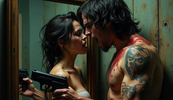 A man and girl sexy in the mirror,(with a gun), blood, angry, without clothes،tattoo