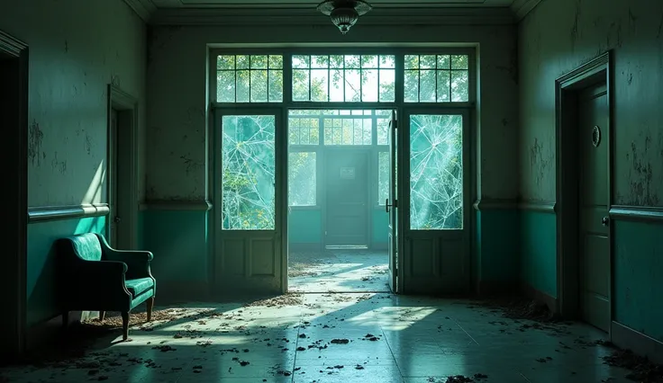 a derelict hospital reception area, shattered glass, hyperrealistic, masterpiece, horror