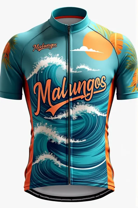 create a shirt, just the shirt without the person, with a surf style logo with the name of malungos, this shirt will be for a group of cyclists 