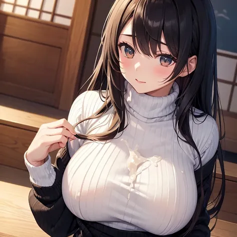 High resolution, One girl, masterpiece, Large Breasts, A tight-fitting high-neck black  sweater,Japanese,cute,((cum on sweater))