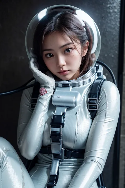 (8k, RAW photo, best quality, masterpiece), (photorealistic), outstanding details, ultra-high resolution, anatomically correct, textured skin, space helmet, helmet, bodysuit, diving lama
room, upper body
(Cute Japanese girl , 20-year-old),   sitting, DIVIN...