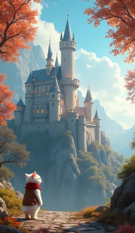 create a realistic picture of a majestic and radiant castle, The walls of the castle are shining, with soft light radiating from the windows, In front of the castle, a small white furred kitten with a red scarf in brown clothes stands proudly like a human,...