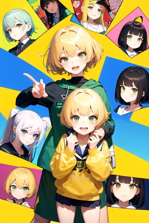 ((Highest quality)), ((masterpiece)), (detailed), One person、juvenile、11 Talents、Primary school students、school bag、look up、Spoiled brat、Yellow Hair、short hair、Center Parting、Yellow-green eyes、Yellow-green hoodie、Shorts､A sneak peek、Bandage、smile、Perfect B...