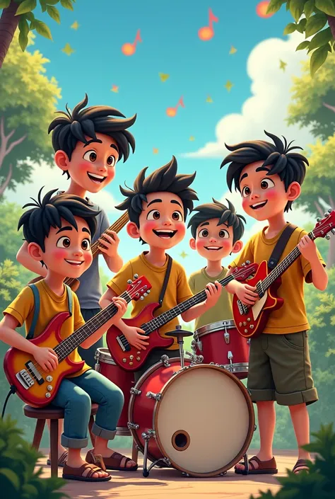 Animation Picture of 5 young musician boys  playing different instruments written The Bodo Youths on top 
