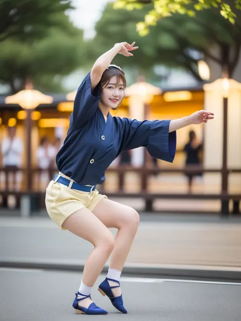 Photo-realistic quality、A 20-year-old Japanese woman wearing a blue and white traditional Japanese kimono dancing the Awa Odori dance in the park, White shorts and socks, Have a fan,  They are performing the expressive Awa Odori dance.、Detailed and beautif...