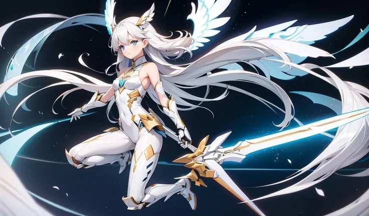 White long hair girl，flat chest，cleavage，White tights，white sci-fi armor，Photon wings，Bare Arms，Bare Legs，mechanical boots，spear，Sky，Baiyun，High resolution, 