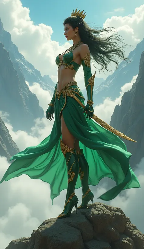 Female representation of the Dragon Knight, Shiryu, on a high mountain. She looks beautiful and sexy in a combat pose with green and gold armor., surrounded by clouds and strong wind.