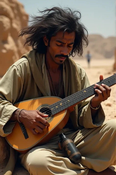 Somali brown man , small mustache whit a lot of hair he have oud music and Ak 47 gun and grenade 