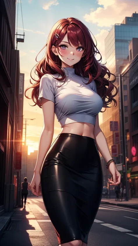 (masterpiece, best quality, high detail),  beautiful woman, bright purple eyes, full-face blush, smile, smirk, smug, solo focus, large breasts, (long wavy hair), (dark red hair), hairpin, (pink t-shirt crop top), black (maxi) pencil ((((skirt)))), slim bod...