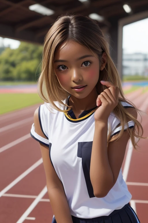 (((( one girl )))), Put your hand over your mouth、Beautiful breasts、 Brown eyes, ((Gal Hairstyles)) blonde, girl, (Eye and facial details:1.0), break, (masterpiece, Highest quality, Very detailed, Detailed face, 8k),( dark skin:1.8 ), (((( track and field ...