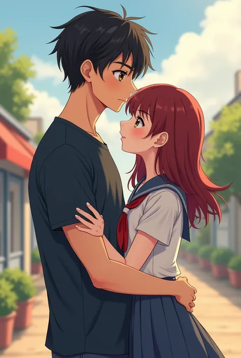 A man with black hair and grey eyes, tall height holding his cute girlfriend; a girl with dark red-maroon hair, brown eyes filled with innocence and cuteness whos obviously shorter than the man. Both in school uniform. Manhwa artstyle