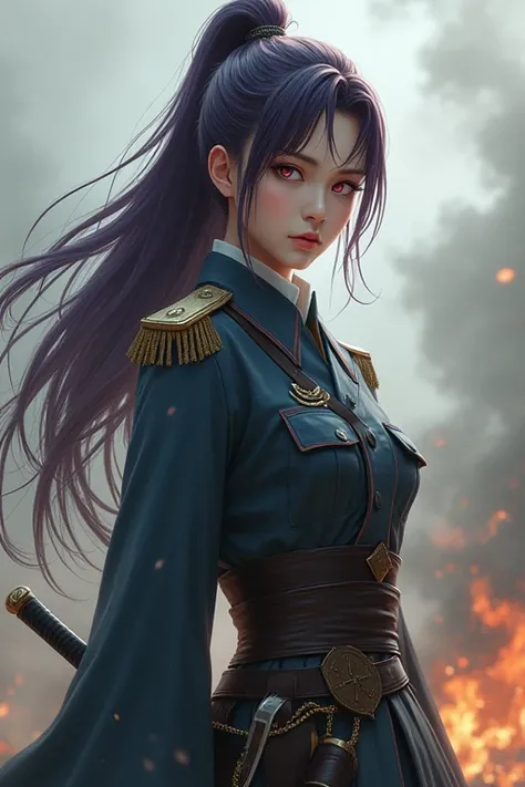 A girl with long, dark purple hair tied up high in the air. She is wearing a military uniform from the Imperial Japanese Empire era. She has a military sword hanging from her waist. The background is a battlefield. Her eyes are pale pink and her skin is pa...