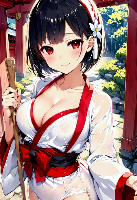 高いquality illustration, masterpiece, Very delicate and beautiful, Slender body, Anime Style, Beautiful Eyes, masterpiece, Highest quality, High resolution, Very detailed, Perfect lighting、Very young、1 female、(Shrine maiden)、Underwear is visible、Mid-chest、r...