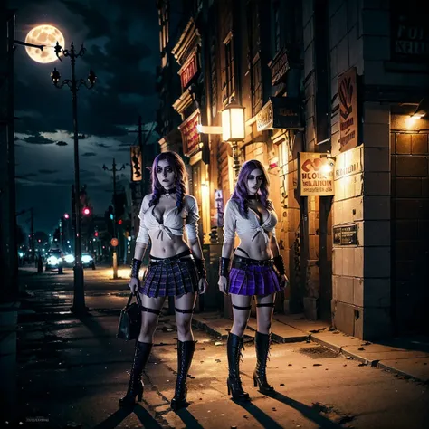 Beautiful Caucasian woman. Fit body. Big round breasts. Just one woman. Alone. Western woman. Long hair with 1 braid. Purple hair. Bright purple eyes. Woman cosplaying as vampire Jeanette from Vampire The Masquerade Bloodlines. Wearing a very short skirt, ...