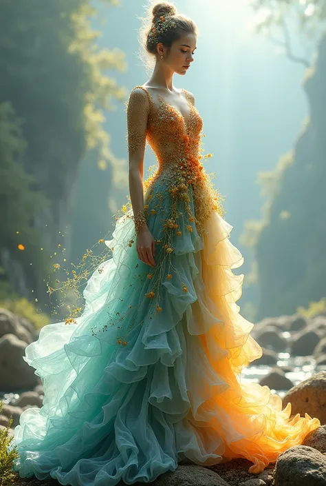 Create a dress inspired by the 4 elements of nature Make the 4 elements more noticeable 