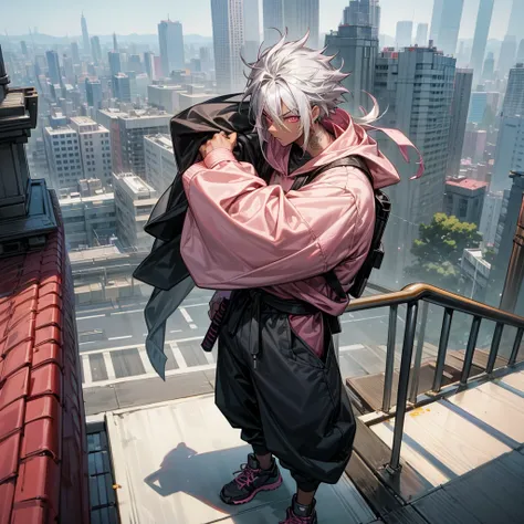 1male, young adult, dark skin, finely detailed pink eyes, wild medium hair, grey hair color, baggy hoodie, baggy combat pants, standing on building, day time, tokyo city, calm expression, muscular, tattoos, standing on rooftop, hiker backpack, ninja shoes