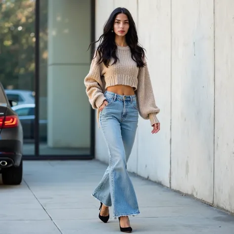 Create an image of a stylish woman walking confidently along a sidewalk in an urban setting. She is wearing a cropped, beige soft woolen sweater with a slightly oversized fit that highlights her slim figure and exposes her midriff. She pairs this with high...