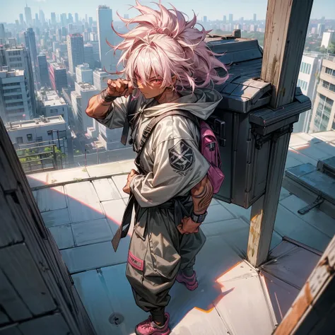 1male, young adult, dark skin, finely detailed pink eyes, wild medium hair, grey hair color, baggy hoodie, baggy combat pants, standing on building, day time, tokyo city, calm expression, muscular, tattoos, standing on rooftop, hiker backpack, ninja shoes