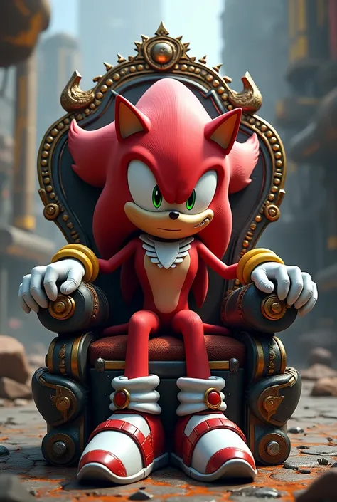 A full shot of a male character, a hedgehog, OC, ((sonic OC)), (Sitting on a throne made with parts of machines)