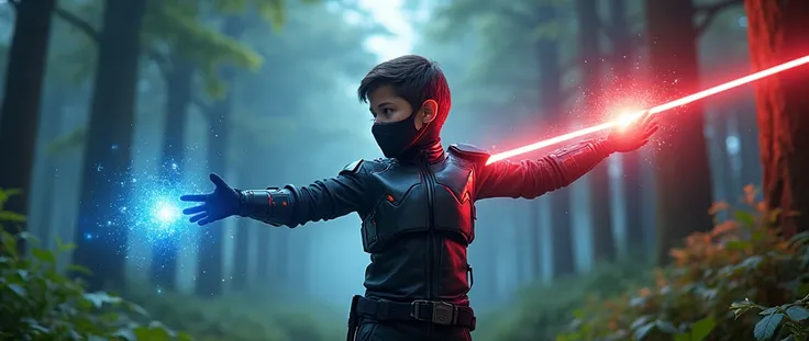 boy with a black paintball mask, left arm with glove, right arm with armor, wearing black clothes, emanating red and blue rays, in a forest, looking at a galaxy, 4K, animation


