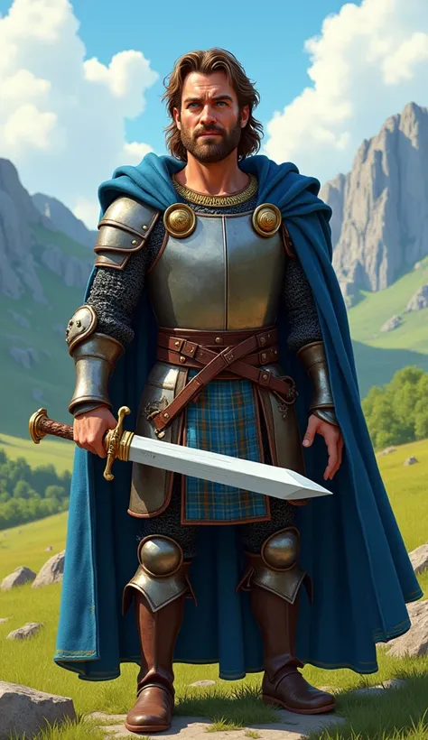 "Create a Pixar-style illustration of Mel Gibson playing William Wallace in &#39;Braveheart&#39;. The image is expected to feature William Wallace in his iconic Scottish medieval armor and blue tartan-patterned cape.. Adapt Pixar&#39;s style to capture the...