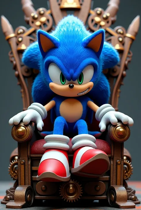 A full shot of a male character, a blue hedgehog, OC, ((sonic OC)), (Sitting on a throne made with parts of machines)