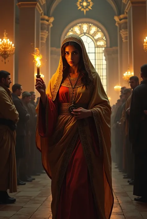 Ancient orthodox Coptic female christian she hold a fire by her dressing and move on a fire and many people see aroun her in the church