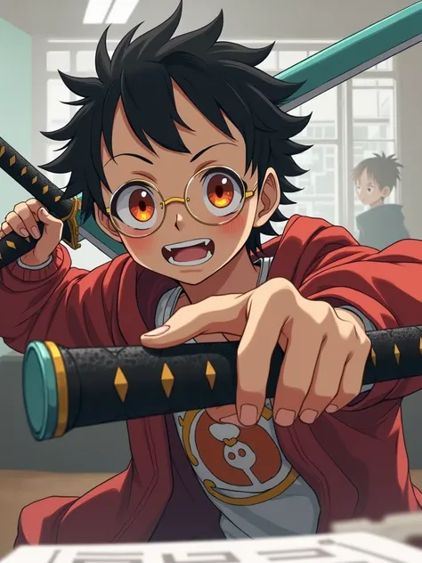 Black haired boy wearing a red sweatshirt with the One Piece logo and orange eyes in anime style with a sword on his back with glasses 
 