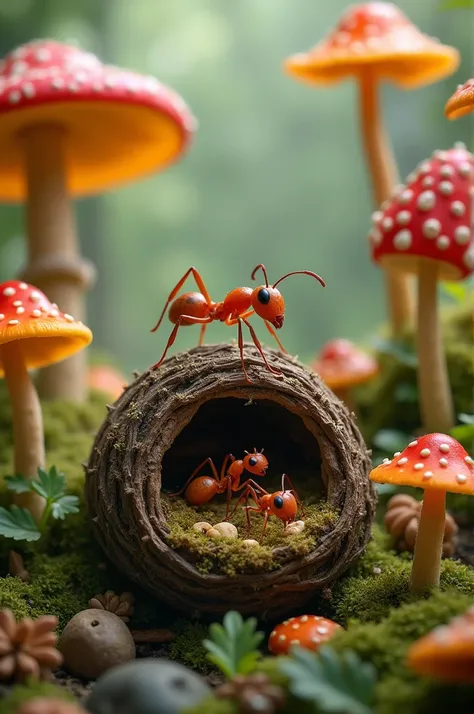 ant building a nest at surrounding mushrooms
