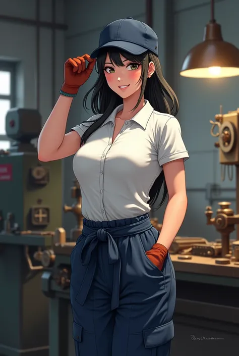 A beautiful black-haired Japanese woman wearing a navy cap and a plain white polo shirt、（GI Belt）、Wearing large navy work trousers、Wearing work gloves, he operates machine tools in a factory.。Her movements are graceful yet、You can feel the precision of the...