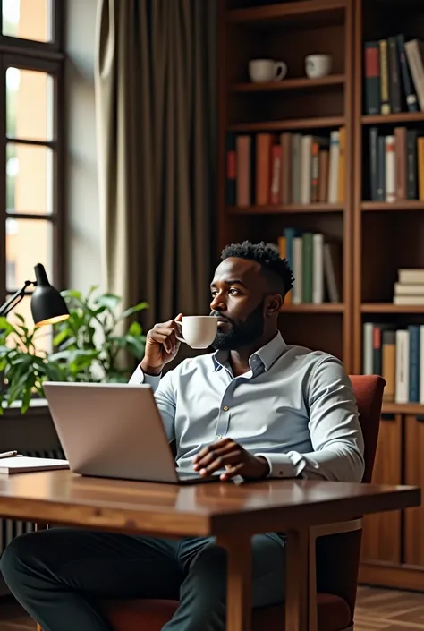 A handsome black man in an office home setting chilling with a cup of coffee and working from home
