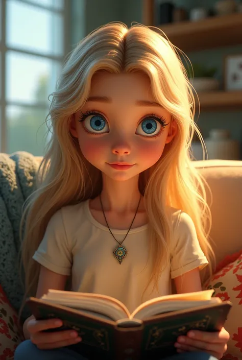 Disney Pixar inspired movie poster with tattle Marina the image girl 
Girl with long blonde hair and blue eyes 

Girl sitting on the sofa and reading book