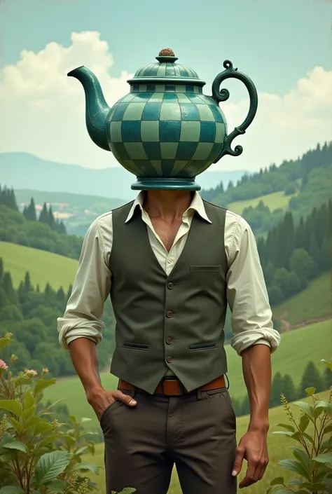 Male europian human with a blue and green chequered tea pot instead of his head