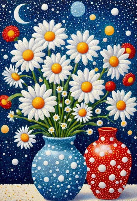 pointillism method，dot，smooth lines, white polka dot pattern， abstract style, blue vase with white bubbles, polka dot vase, red ...