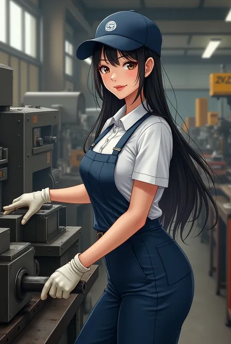 A beautiful black-haired Japanese woman wearing a navy cap and a plain white polo shirt、（GI Belt）、Wearing large navy work trousers、Wearing work gloves, he operates machine tools in a factory.。Her movements are graceful yet、You can feel the precision of the...