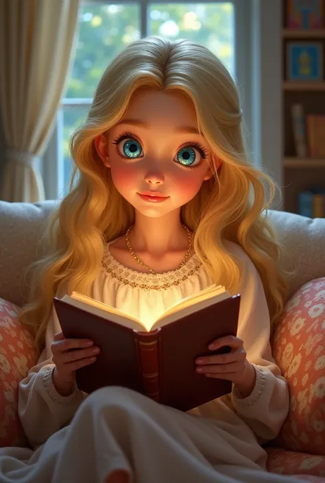 Disney Pixar inspired movie poster with tattle Marina the image girl 
Girl with long blonde hair and blue eyes 

Girl sitting on the sofa and reading book