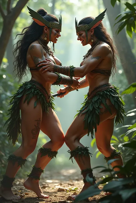 amazon girls, amazon woman, amazon warrior, two women, fight, sword, shield, tattooed body, war paint, naked amazon, naked, sword and spear battle, clothes made of leaves, open pussy, naked pussy, bare chest, open chest, muscular women, woman with abs, big...