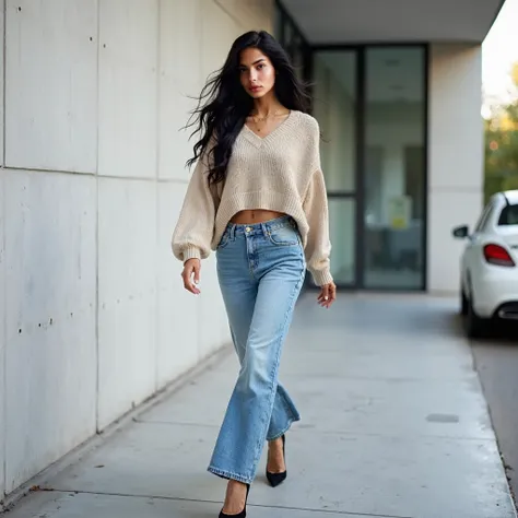 Create an image of a stylish woman walking confidently along a sidewalk in an urban setting. She is wearing a cropped, beige soft woolen sweater with a slightly oversized fit that highlights her slim figure and exposes her midriff. She pairs this with high...