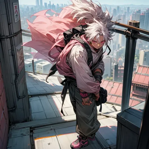 1male, young adult, dark skin, finely detailed pink eyes, wild medium hair, grey hair color, baggy hoodie, baggy combat pants, standing on building, day time, tokyo city, calm expression, muscular, tattoos, standing on rooftop, hiker backpack, ninja shoes