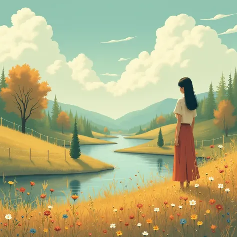 a photo，warm color，Canon camera style，Early autumn in the suburbs，hillside，Creek，Surging Clouds，Light wooden fence，Wildflowers，The tall and thin girl in a long skirt stands by the pond far away，Aerial Photography