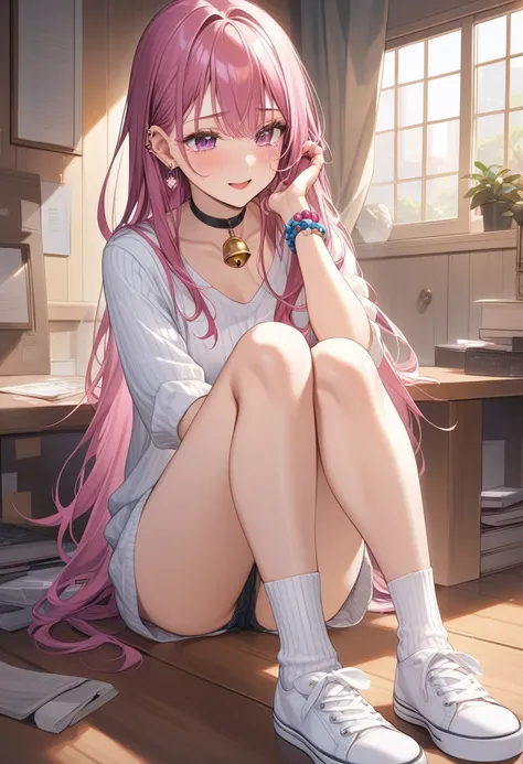 masterpiece, Highest quality　White ribbed ankle socks.score_9, score_8_wonderful, score_7_wonderful, sauce_anime, Marine Kitagawa, Browsing Caution, Long Hair, Magenta Eyes, ear piercing, earrings, Pink Nails, makewonderful, Beaded Bracelets, Black choker,...