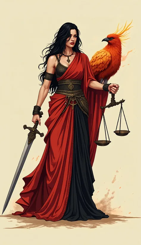 Goddess Themis in black and red outfit with a phoenix,sword style and scales thicker design