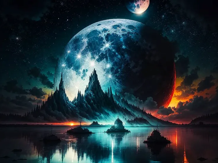 Aerial View,Rolling peaks,The dark blue night has some dreamy colors,The bright and huge moon is fully within the frame,Then its rays shone upon the sea,Then some hills and reefs will appear on the sea,The whole picture is 3D
