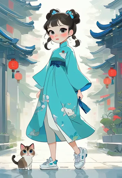 (masterpiece, best quality:1.2), cartoonish character design。1 girl holding a cat, Solitary，big eyes，Cute expression，Two hair buns，cheongsam，White sneakers，Standing，interesting，interesting，Clear lines