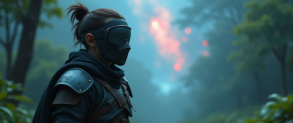 boy with a mask and black paintball goggles, tied hair, left arm with glove, right arm with armor, wearing black clothes, emanating red and blue rays, in a forest, looking at a galaxy, 4K, animation


