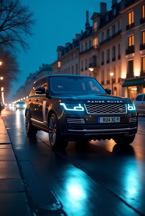 Range rover driving on road in Paris at night with blue light 