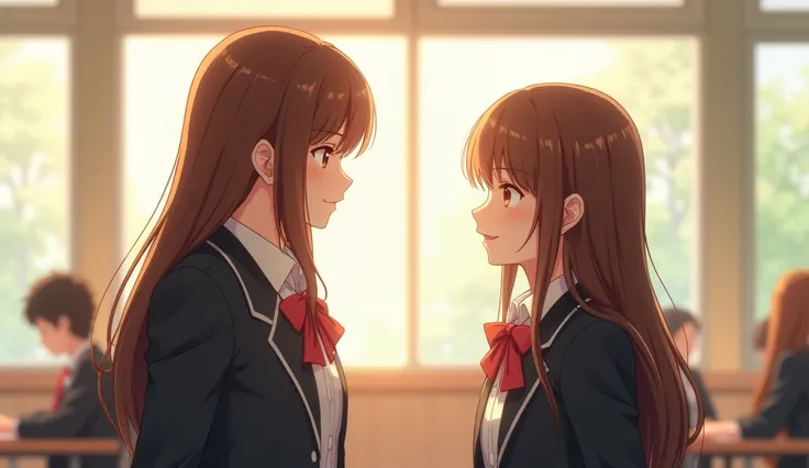 A high school boy and a high school girl、Talking in the classroom。There are only two of us in the classroom.。Two are friends。The two have brown hair, and the girl&#39;s hair is long and reaches down to her back.。It&#39;s daytime and the classroom is bright...