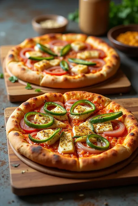 "A detailed, realistic image of two pizzas side by side. The first pizza is an onion capsicum pizza with a golden-brown crust, topped with slices of onions, green capsicum, and melted cheese. The second pizza is a paneer pizza, featuring cubes of grilled p...