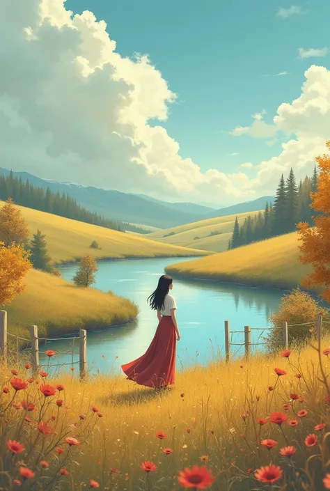 a photo，warm color，Canon camera style，Early autumn in the suburbs，hillside，Creek，Surging Clouds，Light wooden fence，Wildflowers，The tall and thin girl in a long skirt stands by the pond far away，Aerial Photography